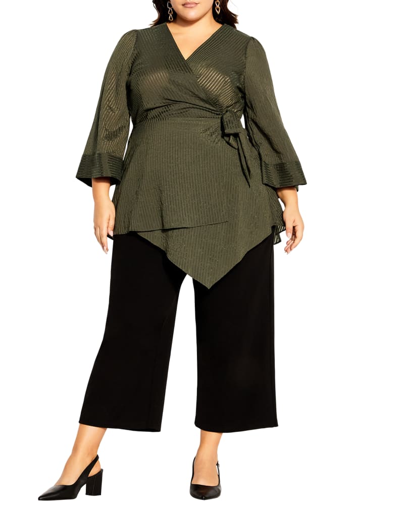 Front of a model wearing a size XS TOP WHITNEY in Olive Jacquard by City Chic. | dia_product_style_image_id:240023